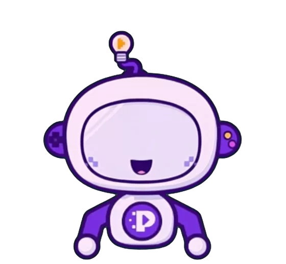 Dude, o mascote da PlayDude: um robozinho branco e roxo